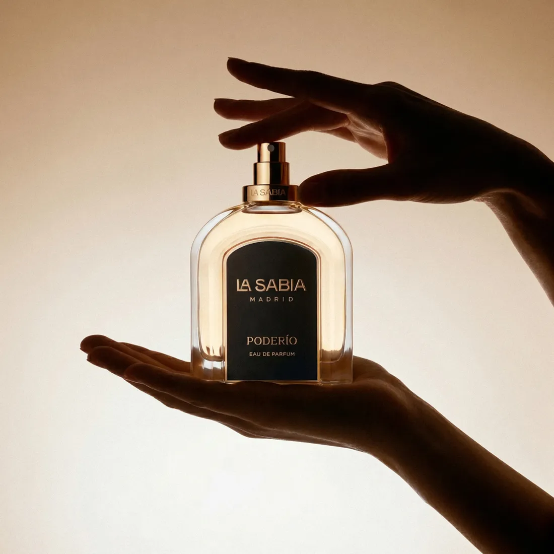 A black-label fragrance held between two hands in warm light · TimeLäB Studio