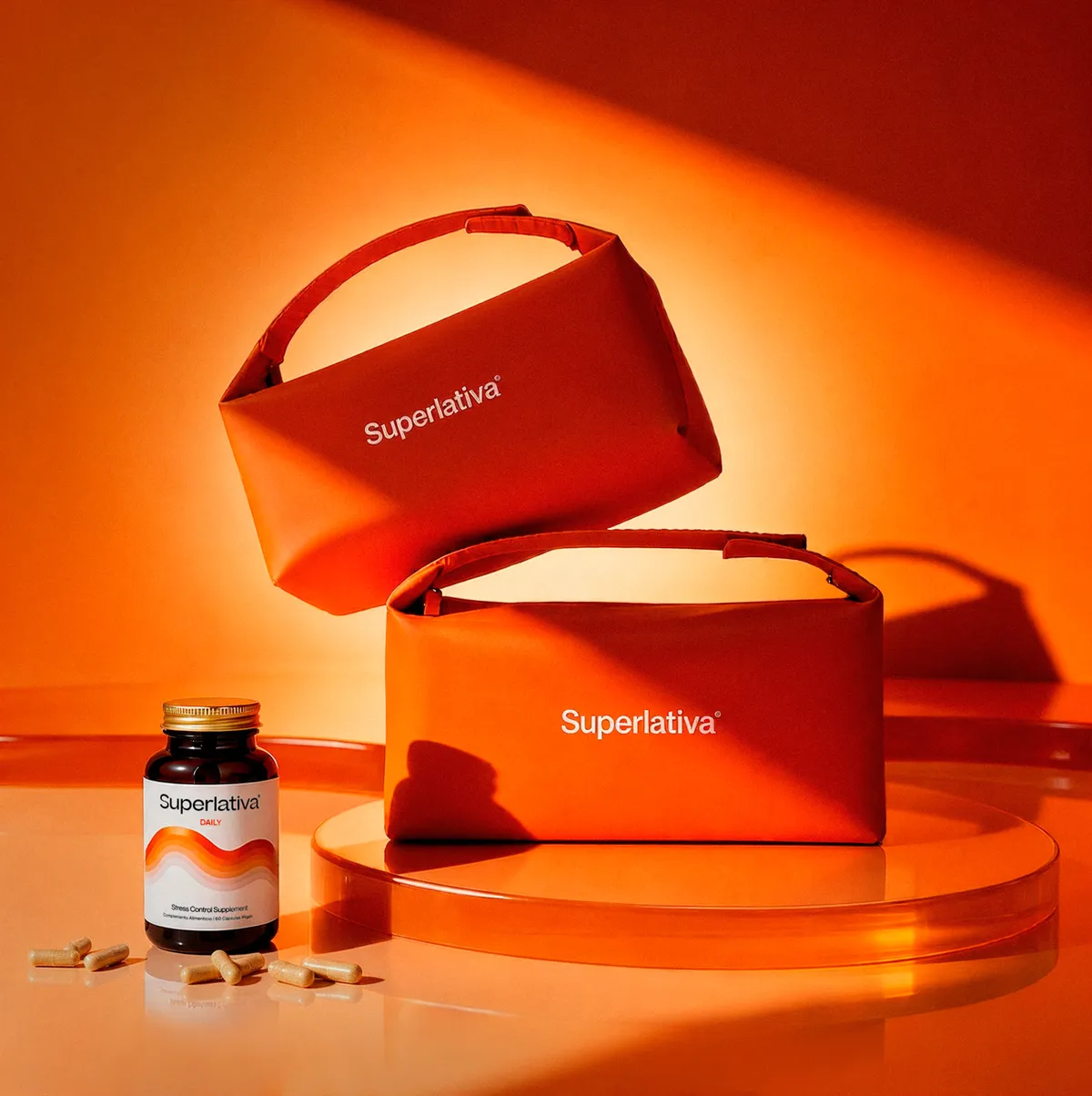 A supplement jar and two wash bags on a podium in an all-orange set · TimeLäB Studio