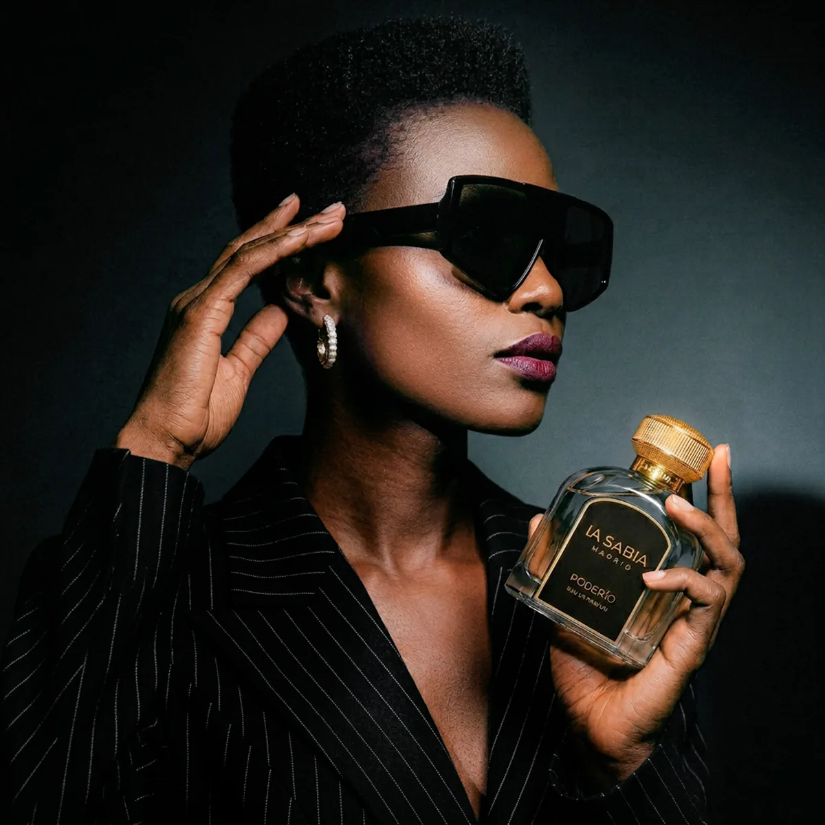 A model in a pinstripe blazer and oversized sunglasses holding a fragrance in shadow · TimeLäB Studio