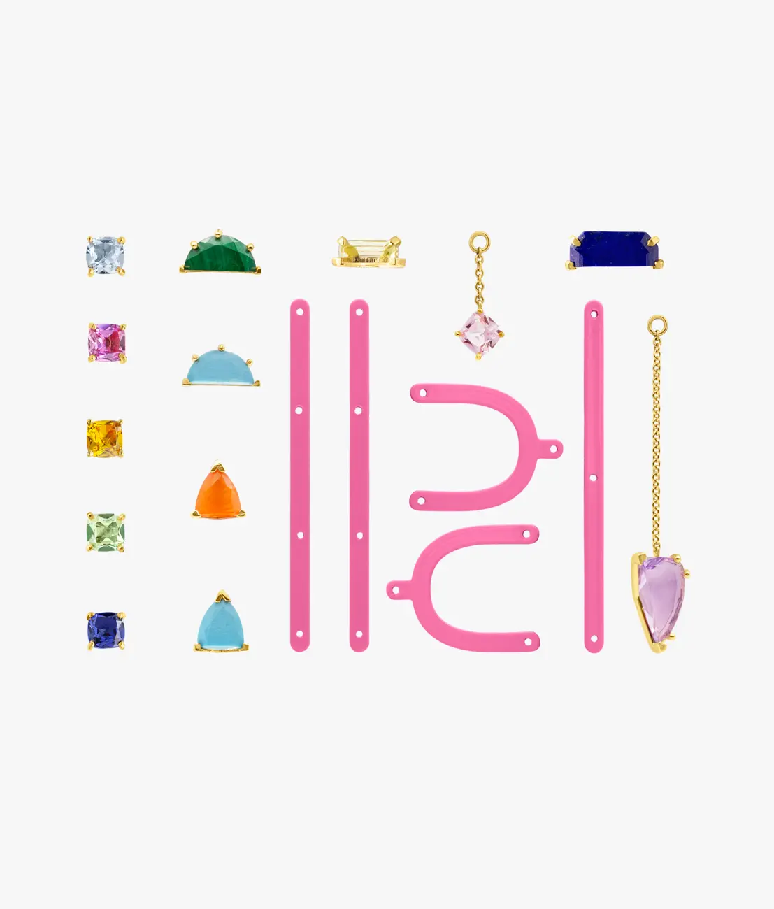 Interchangeable gemstone charms laid out beside pink silicone bars · Jewellery photography, TimeLäB Studio Barcelona