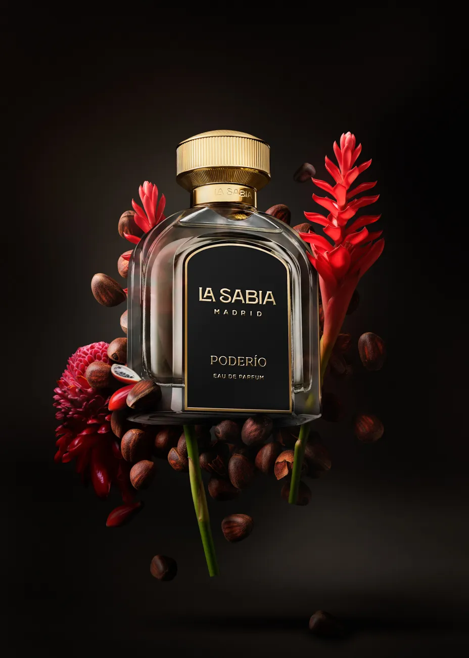 A dark fragrance framed by deep-red tropical flowers · Product photography, TimeLäB Studio Barcelona