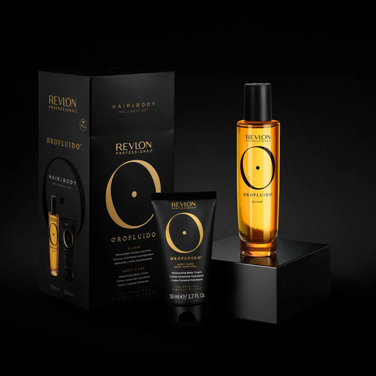 A boxed hair-care set on a dark background · Product photography, TimeLäB Studio Barcelona