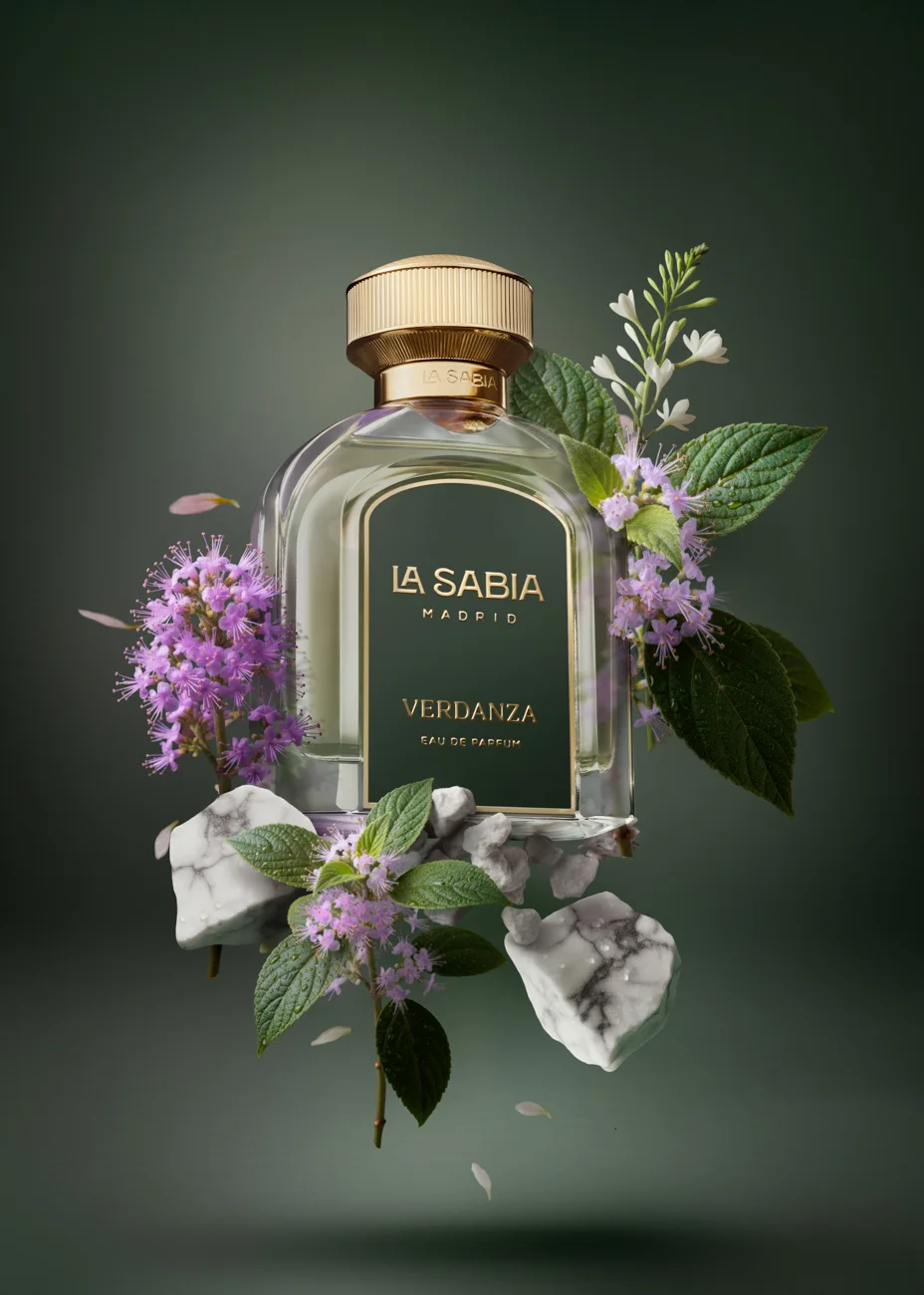 A green LA SABIA fragrance among lilac blooms and grey stones · Product photography, TimeLäB Studio Barcelona