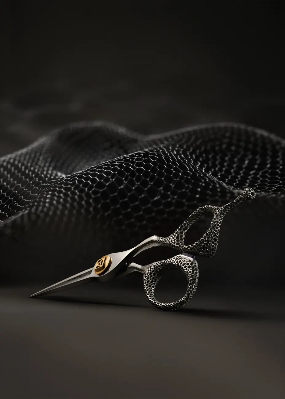 Hairdressing scissors resting on a dark undulating mesh · Product photography, TimeLäB Studio Barcelona