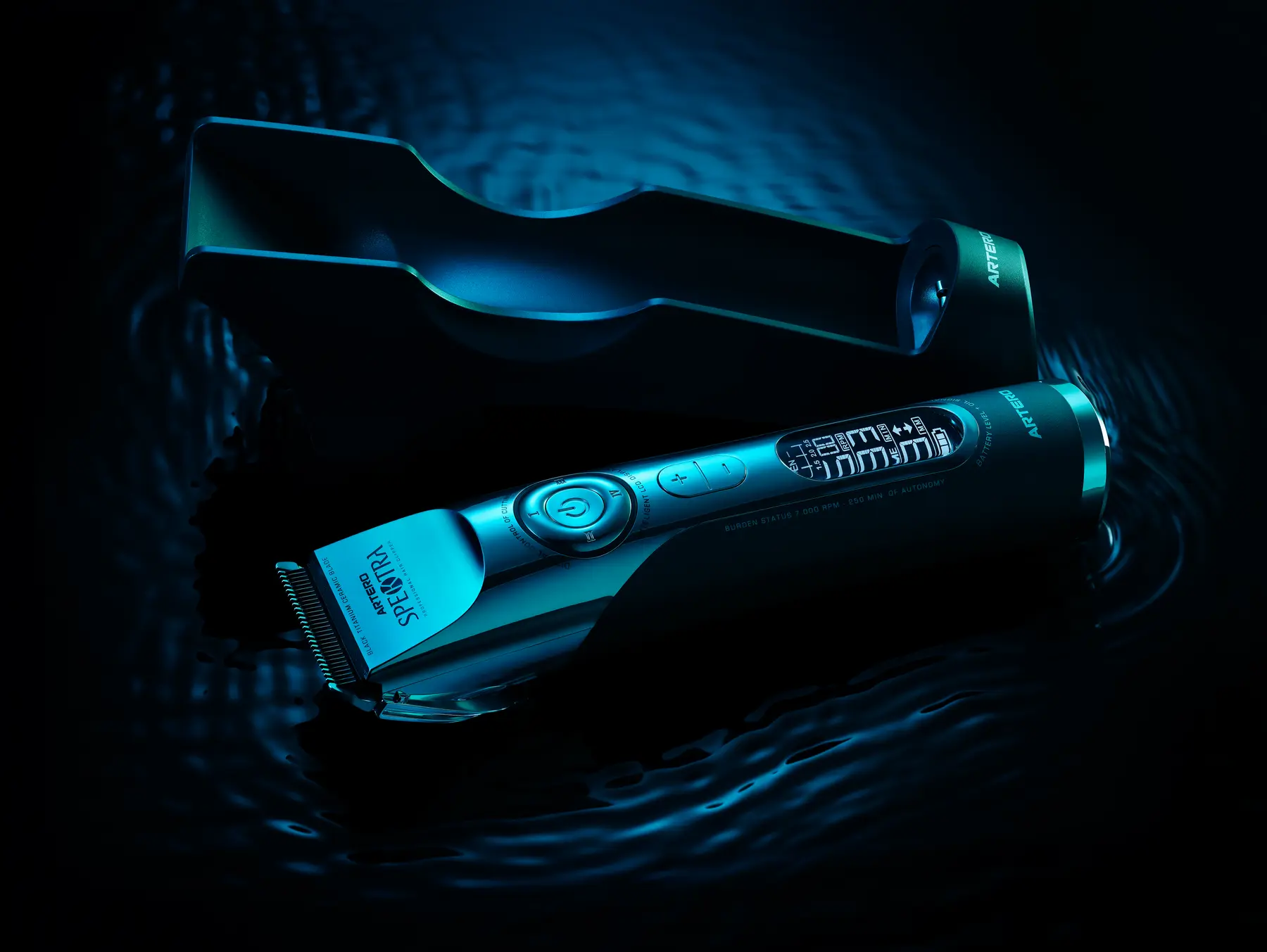 A professional hair clipper lit in electric blue · Product photography, TimeLäB Studio Barcelona