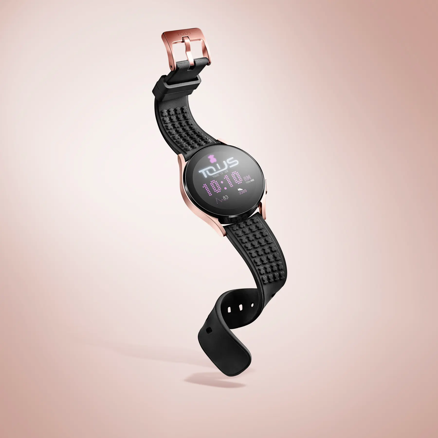 A Tous smartwatch with its strap curling in mid-air · Product photography, TimeLäB Studio Barcelona