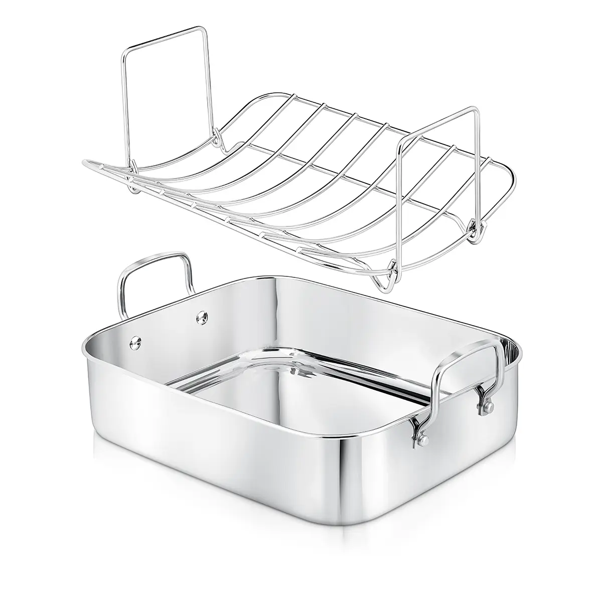 Stainless steel roasting tray with rack, on white · Product photography, TimeLäB Studio Barcelona