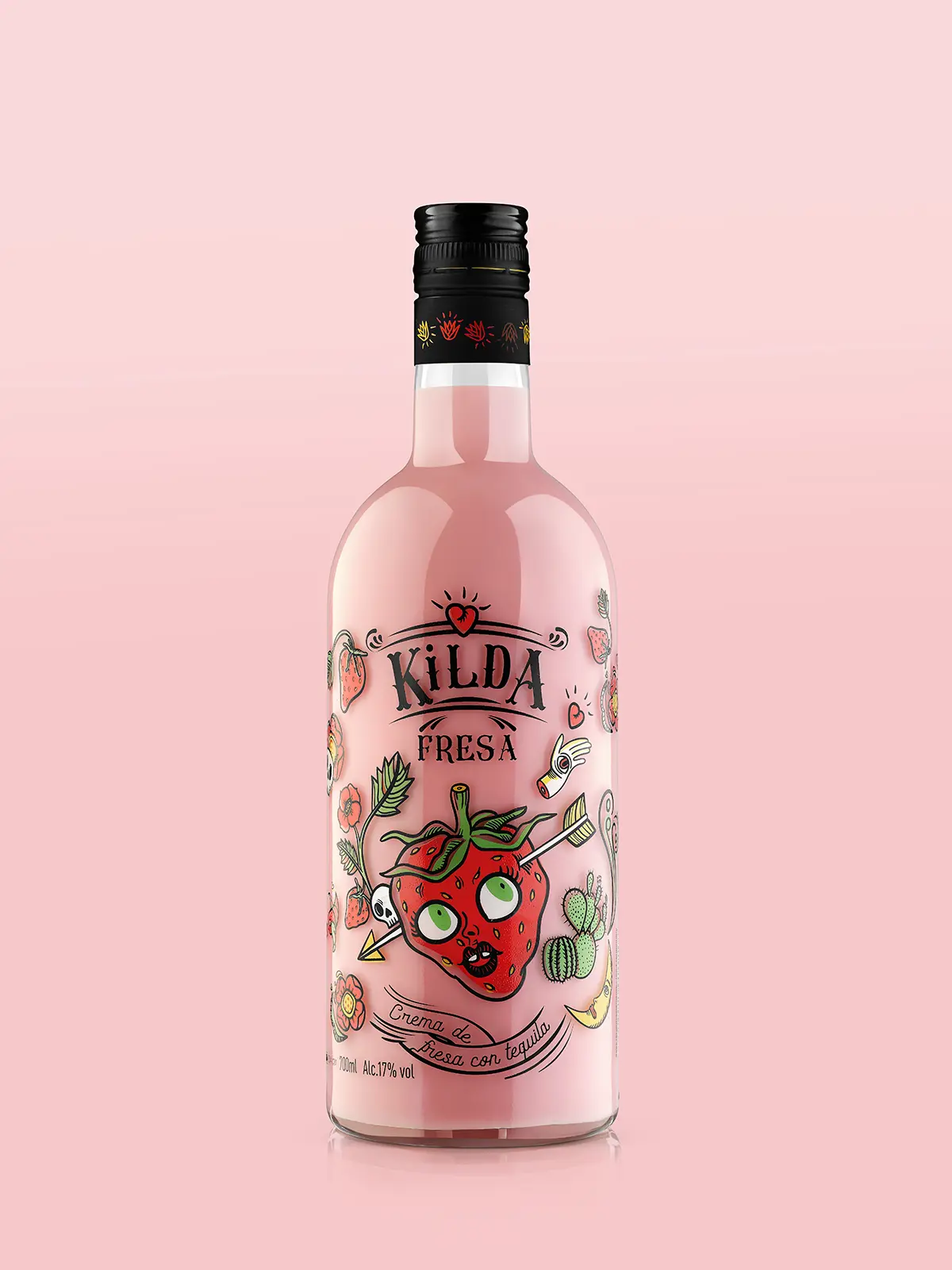 Pink liqueur bottle with a floral label on a pink background · Product photography, TimeLäB Studio Barcelona