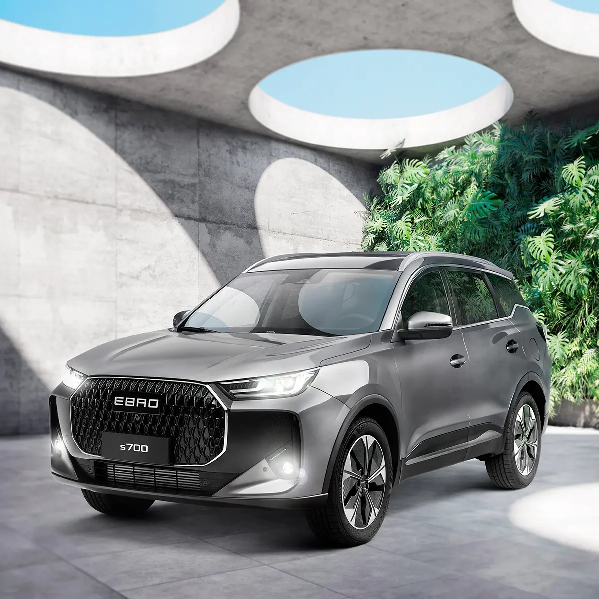 Grey SUV composited into an architectural scene · Photo retouching, TimeLäB Studio Barcelona