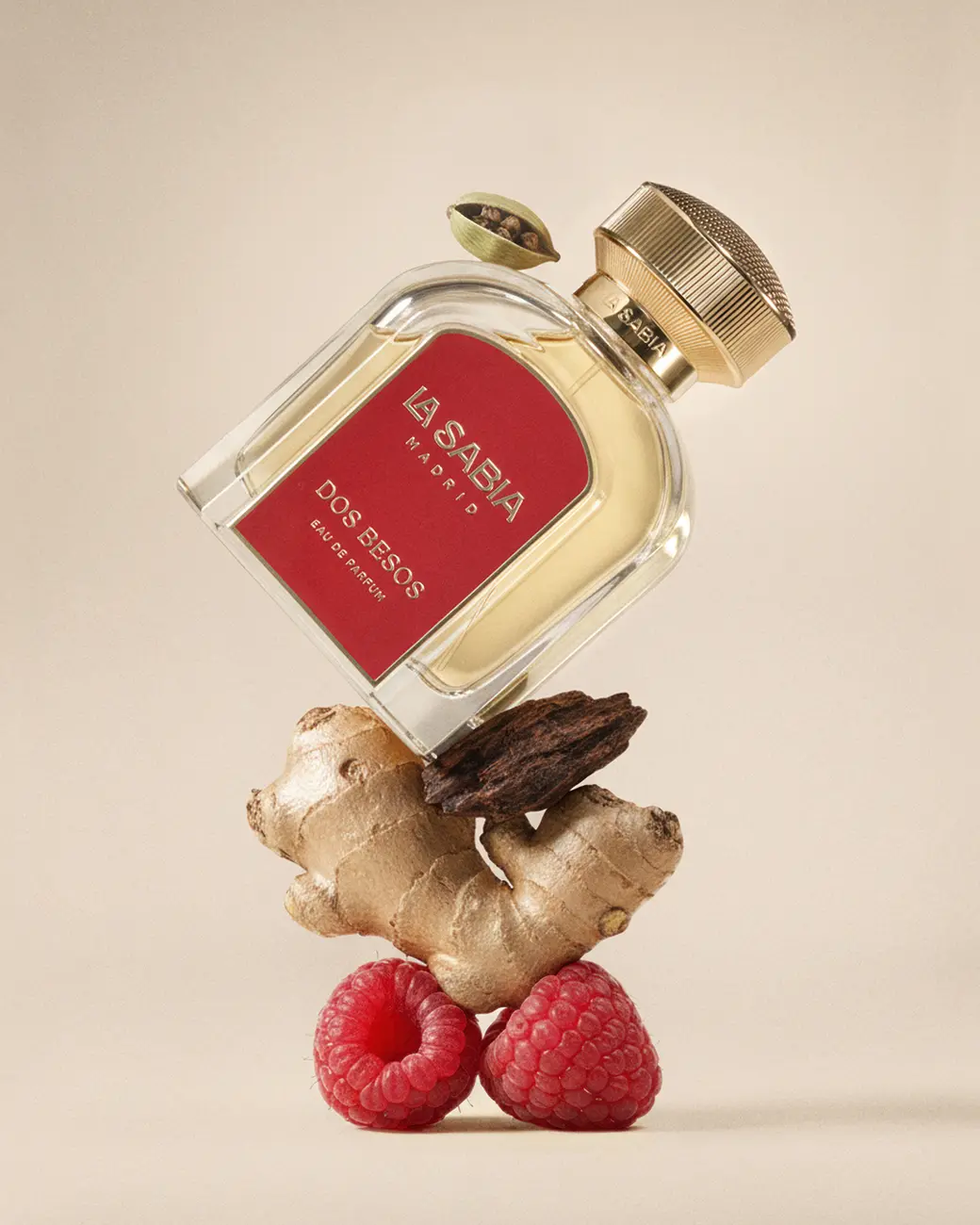 A bottle balanced on ginger root and raspberries · TimeLäB Studio