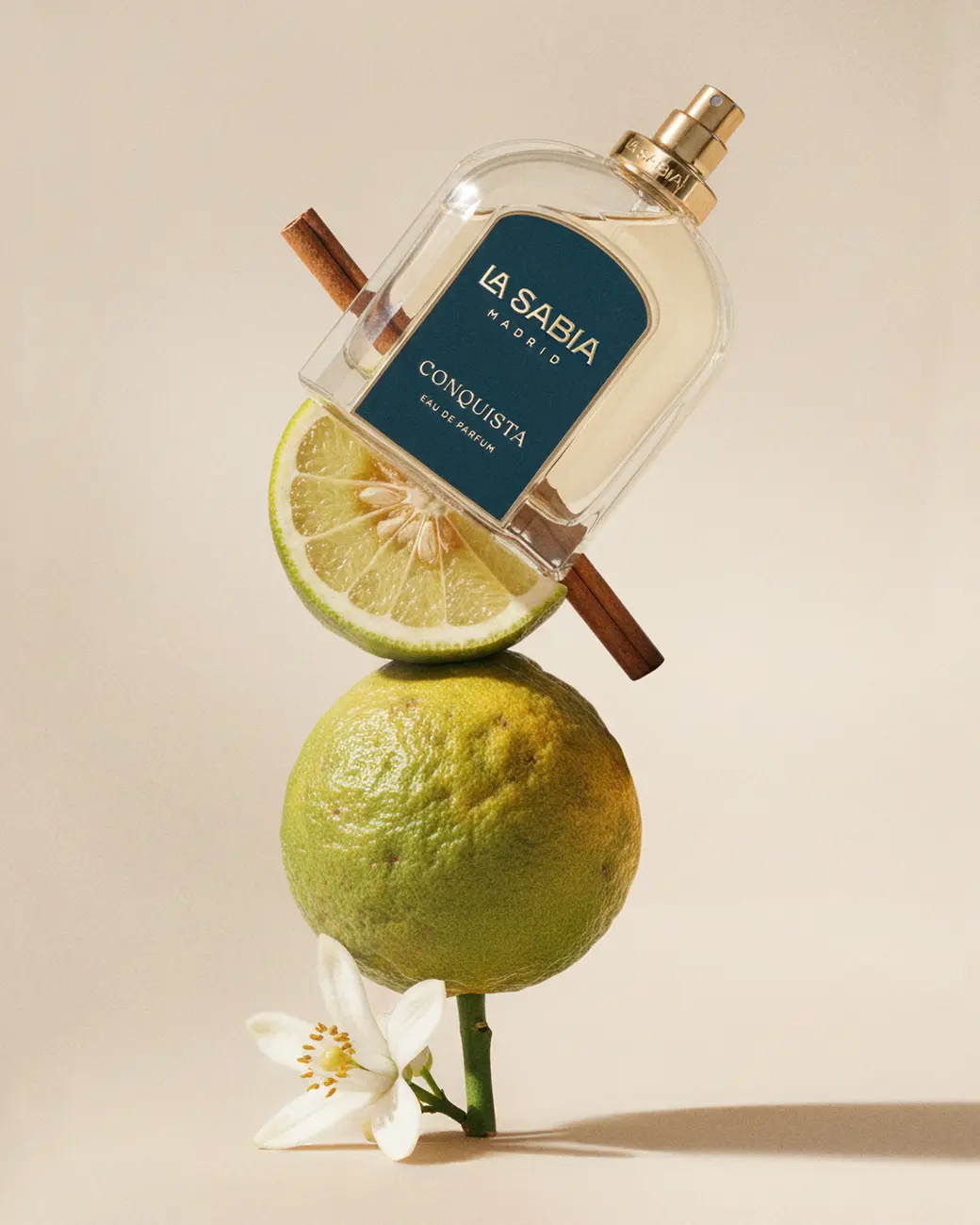 A bottle balanced on citrus, with cinnamon and orange blossom · TimeLäB Studio