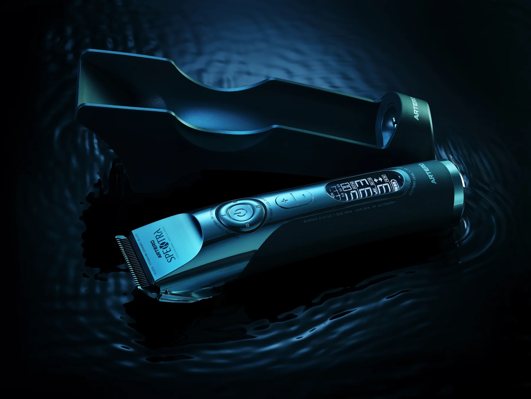 Dramatic product photography of a grooming clipper on rippled black water — TimeLäB Studio, Barcelona