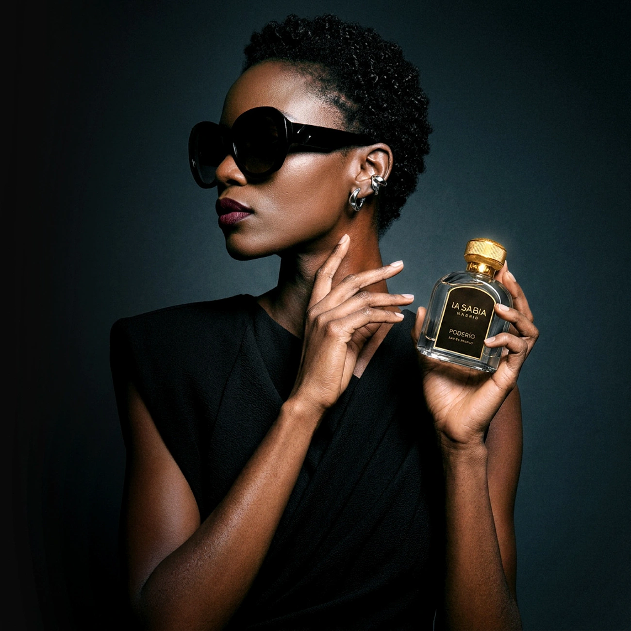 A model in sunglasses presenting a fragrance in a dark editorial scene composed with AI — TimeLäB Studio