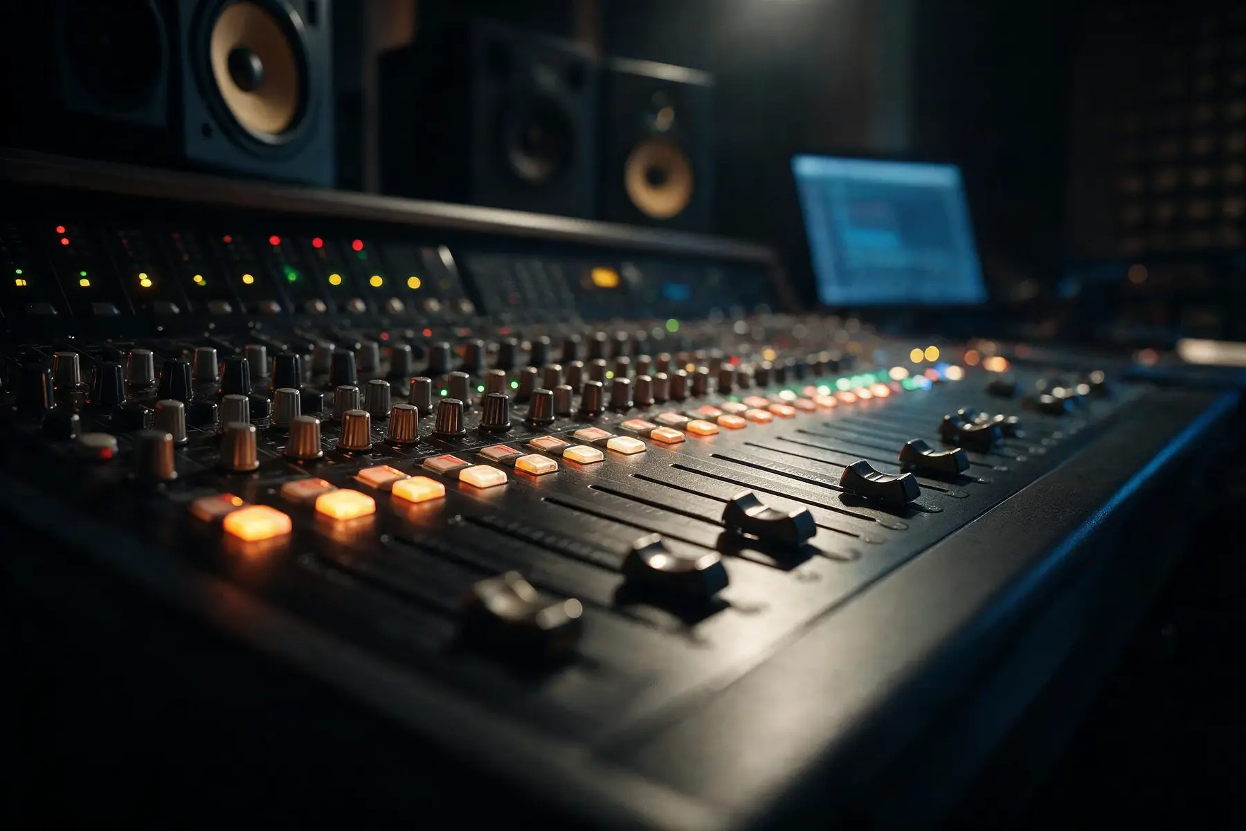 Close-up of a lit mixing console in a dark studio, with monitor speakers behind — TimeLäB Studio