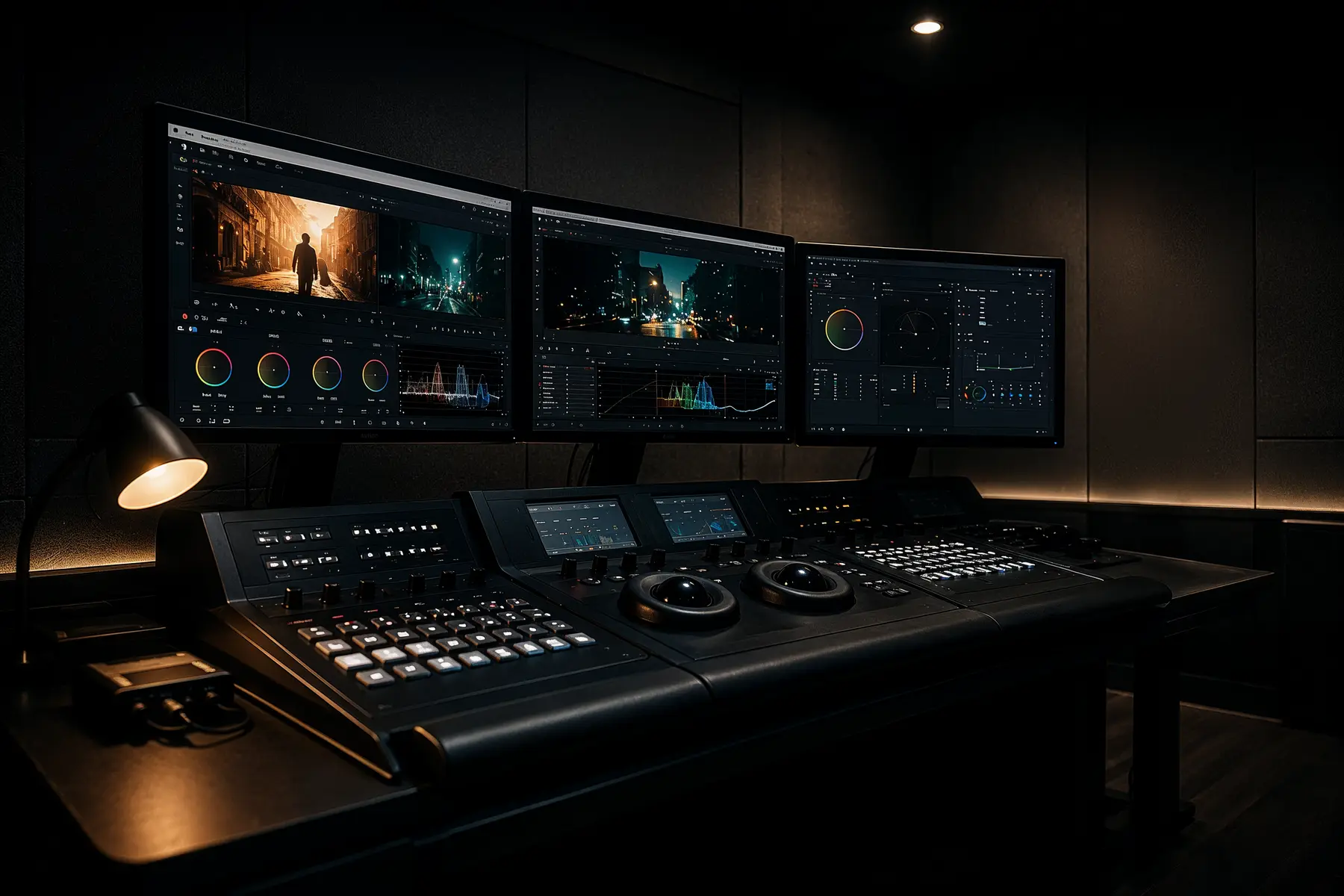 A colour grading suite in the dark: control surface with trackballs and three monitors showing colour wheels and scopes — TimeLäB Studio