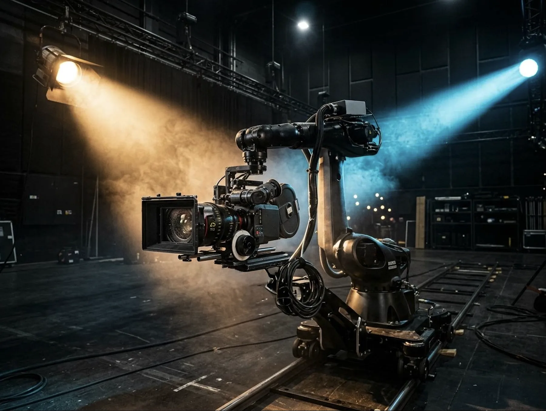 A robotic camera arm holding a cinema camera, mounted on rails in a hazy, dramatically lit studio — TimeLäB Studio