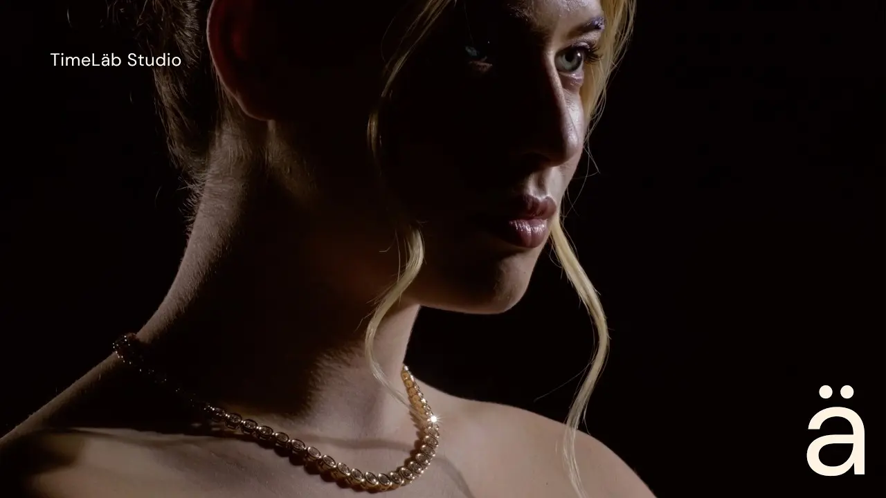 A rivière necklace, filmed on the model
